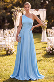 Vestido Maxi de Cetim de Cetim Azul Celeste, Linha A e Um Ombro