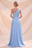 Vestido Maxi de Cetim de Cetim Azul Celeste, Linha A e Um Ombro