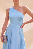 Vestido Maxi de Cetim de Cetim Azul Celeste, Linha A e Um Ombro