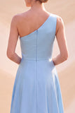 Vestido Maxi de Cetim de Cetim Azul Celeste, Linha A e Um Ombro