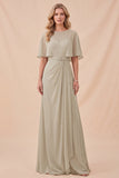 Vestido Maxi de gola redonda em chiffon taupe com alcola redonda e cinto