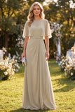 Vestido Maxi de gola redonda em chiffon taupe com alcola redonda e cinto