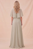 Vestido Maxi de gola redonda em chiffon taupe com alcola redonda e cinto