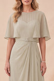 Vestido Maxi de gola redonda em chiffon taupe com alcola redonda e cinto