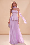 Vestido Maxi de Chiffon A-Line Strapless Lightless com Folhos e Strapless Roxo Claro com Missangas