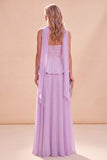 Vestido Maxi de Chiffon A-Line Strapless Lightless com Folhos e Strapless Roxo Claro com Missangas