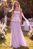 Vestido Maxi de Chiffon A-Line Strapless Lightless com Folhos e Strapless Roxo Claro com Missangas