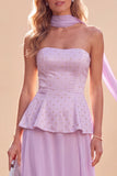 Vestido Maxi de Chiffon A-Line Strapless Lightless com Folhos e Strapless Roxo Claro com Missangas