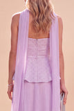 Vestido Maxi de Chiffon A-Line Strapless Lightless com Folhos e Strapless Roxo Claro com Missangas