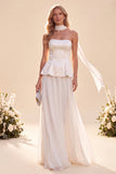 Vestido Maxi de Chiffon A-Line Strapless Lightless com Folhos e Strapless Roxo Claro com Missangas