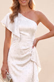 Vestido Maxi de Sereia de Um Ombro com Folhos de Sálvia Empoeirada e Missangas