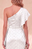 Vestido Maxi de Sereia de Um Ombro com Folhos de Sálvia Empoeirada e Missangas