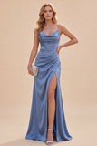 Vestido Maxi de alças finas em cetim azul ardósia com alças finas e fenda