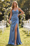 Vestido Maxi de alças finas em cetim azul ardósia com alças finas e fenda