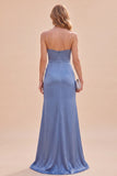 Vestido Maxi de alças finas em cetim azul ardósia com alças finas e fenda