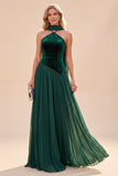 Vestido Maxi plissado verde escuro com decote halter