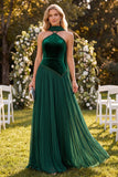 Vestido Maxi plissado verde escuro com decote halter