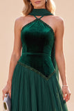 Vestido Maxi plissado verde escuro com decote halter