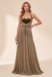 Vestido Maxi A-Line com gola cáqui e decote cáqui com bordas