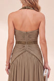 Vestido Maxi A-Line com gola cáqui e decote cáqui com bordas