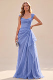 Vestido Maxi azul franzado, decote quadrado, linha A, com folhos