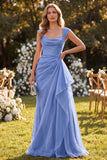 Vestido Maxi azul franzado, decote quadrado, linha A, com folhos