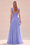 Vestido Maxi azul franzado, decote quadrado, linha A, com folhos