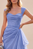 Vestido Maxi azul franzado, decote quadrado, linha A, com folhos