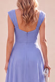 Vestido Maxi azul franzado, decote quadrado, linha A, com folhos