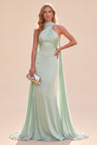 Vestido Maxi de Cetim Verde Mentelã com decote halter e lenço Verde Mermaid Mint