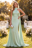 Vestido Maxi de Cetim Verde Mentelã com decote halter e lenço Verde Mermaid Mint