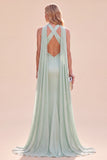 Vestido Maxi de Cetim Verde Mentelã com decote halter e lenço Verde Mermaid Mint