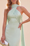 Vestido Maxi de Cetim Verde Mentelã com decote halter e lenço Verde Mermaid Mint