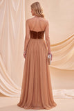 Vestido Maxi A-Line com gola cáqui e decote cáqui com bordas