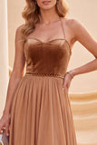 Vestido Maxi A-Line com gola cáqui e decote cáqui com bordas