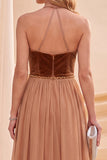 Vestido Maxi A-Line com gola cáqui e decote cáqui com bordas