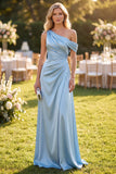 Vestido Maxi Azul Celeste, Cetim A-Line A-Line e Franzido