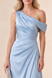 Vestido Maxi Azul Celeste, Cetim A-Line A-Line e Franzido