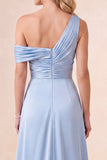 Vestido Maxi Azul Celeste, Cetim A-Line A-Line e Franzido
