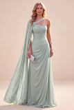 Vestido Maxi Verde Menta, Chiffon A-Line Arrugado de um ombro com capa