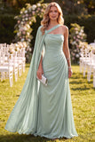 Vestido Maxi Verde Menta, Chiffon A-Line Arrugado de um ombro com capa