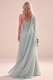 Vestido Maxi Verde Menta, Chiffon A-Line Arrugado de um ombro com capa