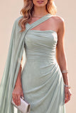 Vestido Maxi Verde Menta, Chiffon A-Line Arrugado de um ombro com capa
