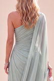 Vestido Maxi Verde Menta, Chiffon A-Line Arrugado de um ombro com capa