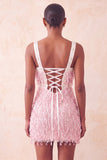 Vestido curto de finalistas castanhos com lantejoulas com franjas e pérolas