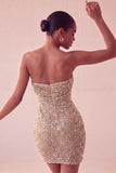 Vestido curto cinto de lantejoulas, cintilante, sem alças, bodycon azul-marinho