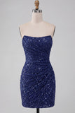 Vestido curto cinto de lantejoulas, cintilante, sem alças, bodycon azul-marinho