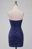 Vestido curto cinto de lantejoulas, cintilante, sem alças, bodycon azul-marinho