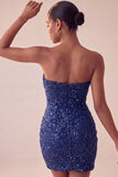 Vestido curto cinto de lantejoulas, cintilante, sem alças, bodycon azul-marinho