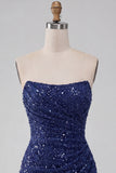Vestido curto cinto de lantejoulas, cintilante, sem alças, bodycon azul-marinho